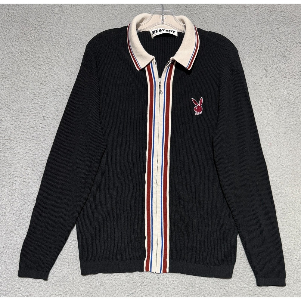 Playboy by Pacsun The Juice Black Full Zip Front Logo Knit Sweater Mens Small
